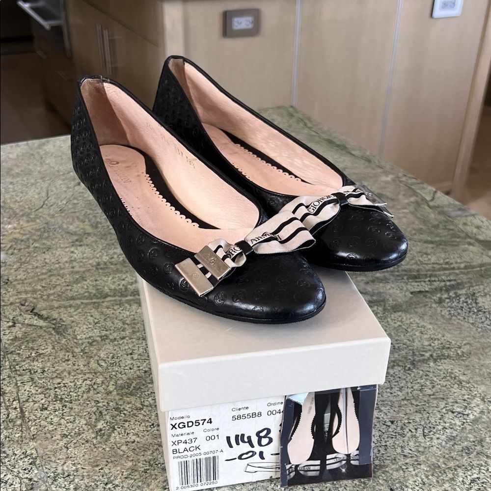 Giorgio Armani Black Flats with Bow Detail
